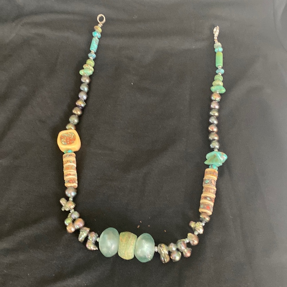 Glass and metal necklace.  24”.